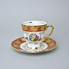 Šálek vysoký 170 ml a podšálek 16 cm kávový, Tři Grácie, zlatý listr + rubín, porcelán QueensCrown
