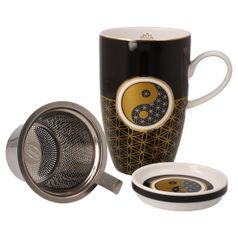 Tea Cup 0,4 l with Lid and Strainer, Yin Yang Black 11,5 / 8 / 14 cm, fine bone china, Lotus, Goebel