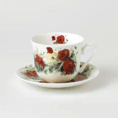 Vlčí mák: Šálek 420 ml a podšálek snídaňový, anglický kostní porcelán Roy Kirkham