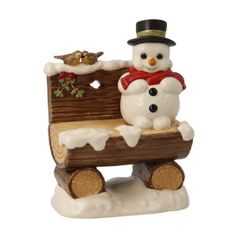 Snowman on a bench with two birds, 7.5 / 5 / 10.5 cm, stoneware, Christmas, Goebel