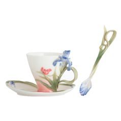 PORCELAIN FRINGED IRIS AND RED POPPY cup/saucer/spoon set, FRANZ porcelain