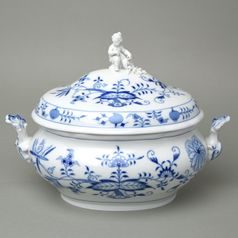 Soup tureen ocal 3 l with figurine on the lid, Blue Onion Pattern, Meissen porcelain