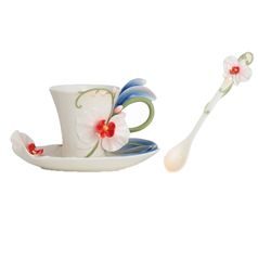Graceful orchid design sculptured porcelain cup and saucer + spoon, Porcelain FRANZ