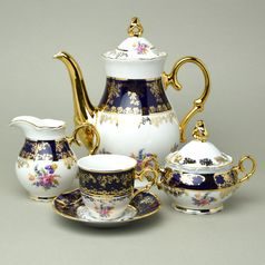 Coffee set for 6 pers., Ophelie 677, cobalt + flowers + gold, Stará Role Moritz Zdekauer