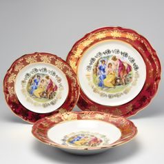 Plate set for 6 pers., The Three Graces + gold + pearl ruby red, Carlsbad porcelain