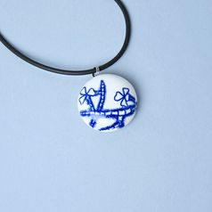 Náhrdelník: Duté kolečko 38 mm, Kvetoucí kaktus, černá pryž, Porcelánové šperky Ateliér Mallys