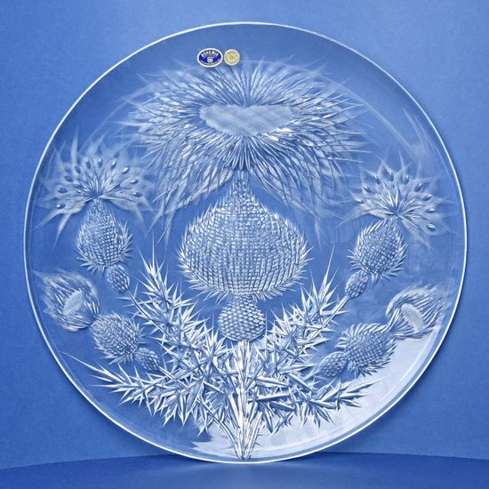 Crystal Hand Cut Plate / Platter - Thistle decor, 355 mm, Crystal Bohemia Poděbrady