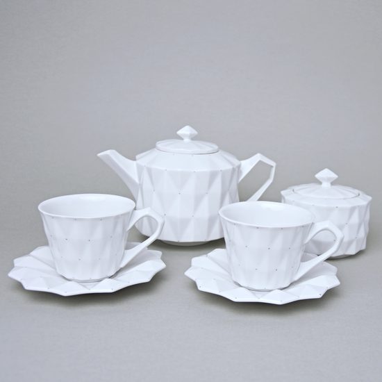 Tea / Coffee Set for 2 pers with sugar bowl, Diamond White, Goldfinger Porcelain