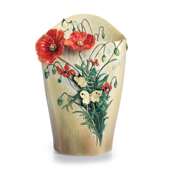 Van Gogh Poppy flower design sculptured porcelain mid size vase 34 cm, FRANZ Porcelain