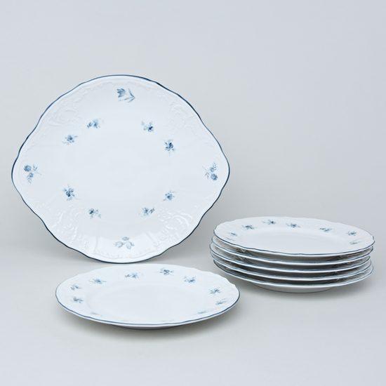 Cake set for 6 persons, Thun 1794 Carlsbad porcelain, BERNADOTTE blue flower