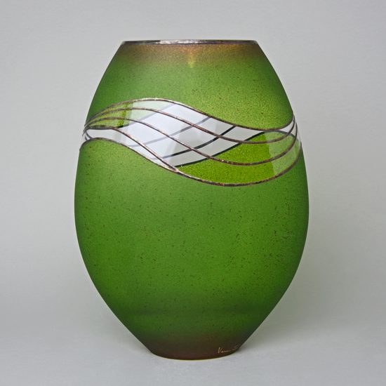 Studio Miracle: Vase Oval, Green-Brown, 30 cm, Hand-decorated by Vlasta Voborníková
