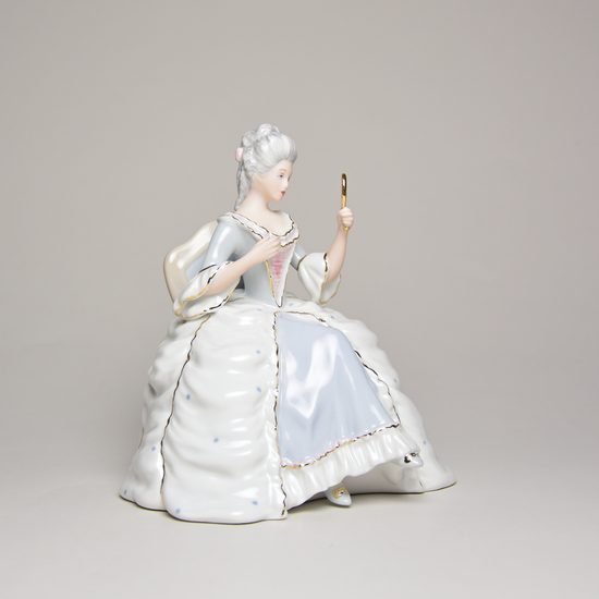 Lady sitting with mirror rococo 12 x 14 x 15 cm, Porcelain Figures Duchcov