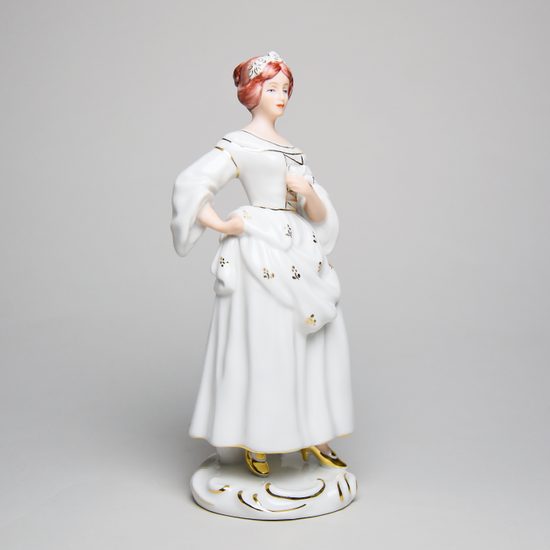 Dáma s květinou 7 x 8 x 19 cm, Bílá + Zlato, Porcelánové figurky Duchcov