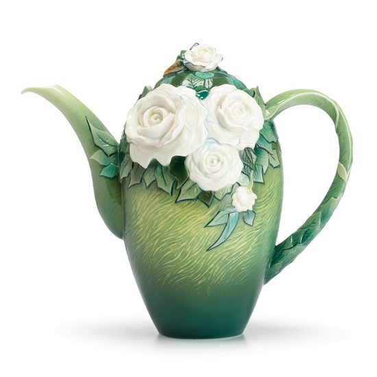 Van Gogh White roses flower design sculptured porcelain teapot 23 cm, FRANZ Porcelain