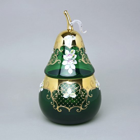 Dose "Pear" round, dark green 28 cm, emanel + gold, Nový Bor glass