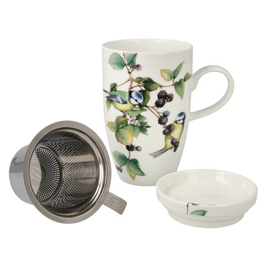 Hrnek s víčkem a sýtkem sýkorka modřinka 450 ml, jemný kostní porcelán a kov, Goebel