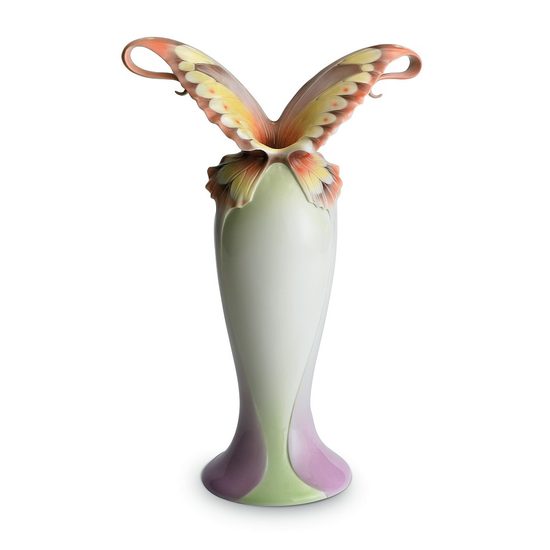 Papillon butterfly spread wings design sculptured porcelain flower vase 38,5 cm, FRANZ Porcelain