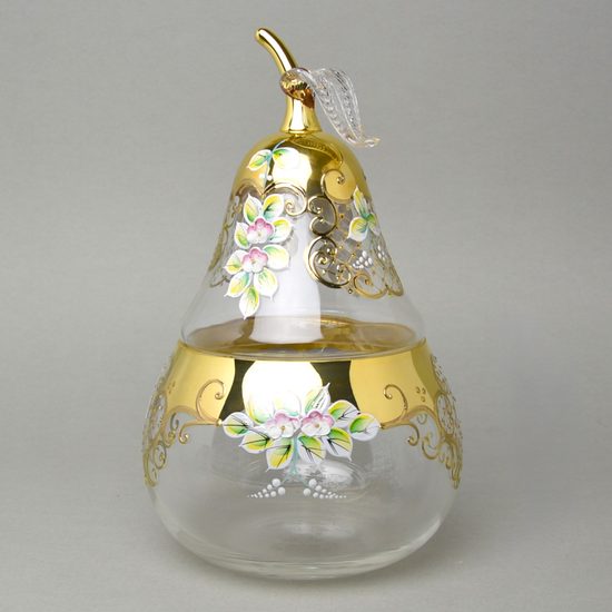 Křišťálová dóza "Hruška" kulatá, v. 28 cm velká, zlato + smalt, Bohemia