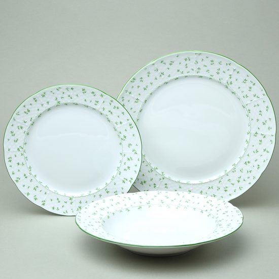 Plate set 12 pcs. for 4 pers. Thun 1794, karlovarský porcelán, Natálie green flowers