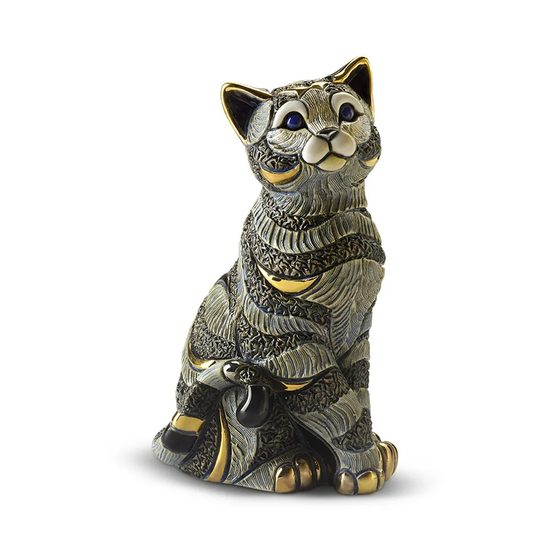 Blue Striped Cat Ceramic Figurine, Cat Sculpture