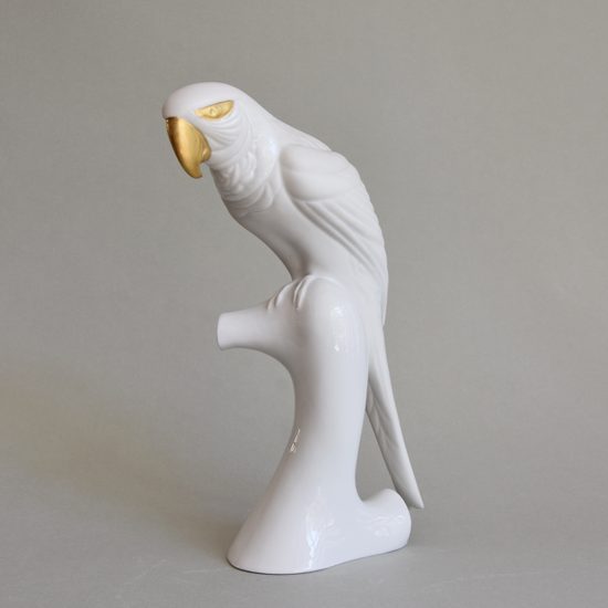 Papoušek, 14,2 x 8,5 x 28,2 cm, Bílá + zlato, Porcelánové figurky Duchcov