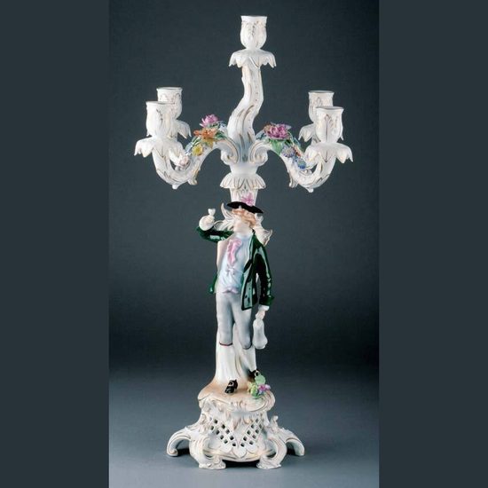Svícen s porcelánovou figurou, 38 x 38 x 59 cm, Porcelánové figurky Gläserne Porzellanmanufaktur