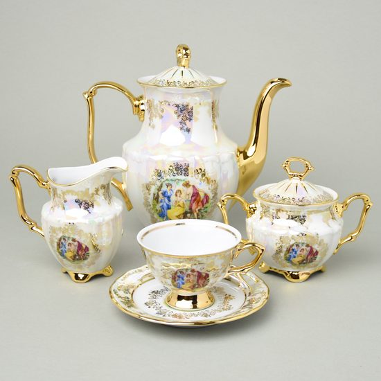 Kávová sada pro 6 osob, MALÉ NÍZKÉ ŠÁLKY, Tři Grácie, zlatý listr, Carlsbad