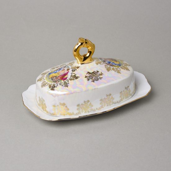 Máslenka na 250 g máslo, Tři Grácie, Zlatý listr, porcelán QueensCrown