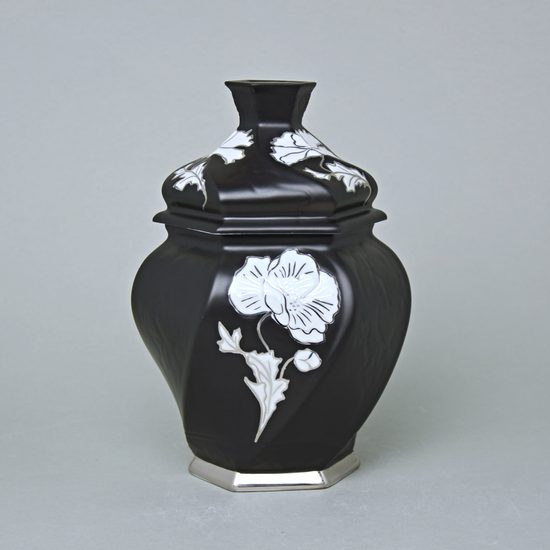 Dóza / Urna šestihran 20 x 14,5 x 13 cm , Černý fond + platina 2, Porcelán Duchcov