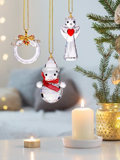 3 pcs. Christmas tree deco set Angle, Snowman, Wreath, Preciosa crystal decorations