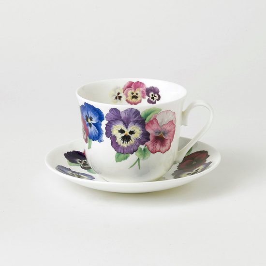 Pansies: Cup 420 ml + saucer 17 cm breakfast, Roy Kirkham fine bone china