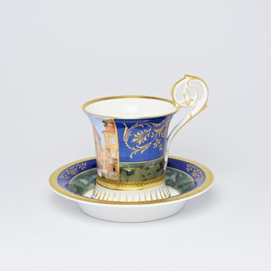 Cup and Saucer Johan Prague 1895, 200 ml, Gold Etching, hand-painted by Roman Široký, Haas a Czjzek Porcelain