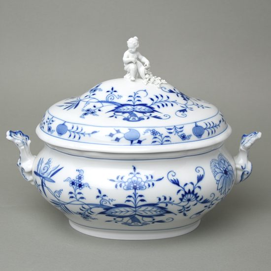 Mísa polévková oválná 3 l s figurkou na víku, cibulový vzor, Míšeňský porcelán
