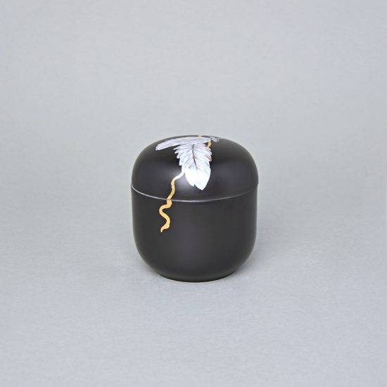 Dóza s pírky a zlatou stuhou 9,5 x 9 cm, Černý fond + zlato, Porcelán Duchcov