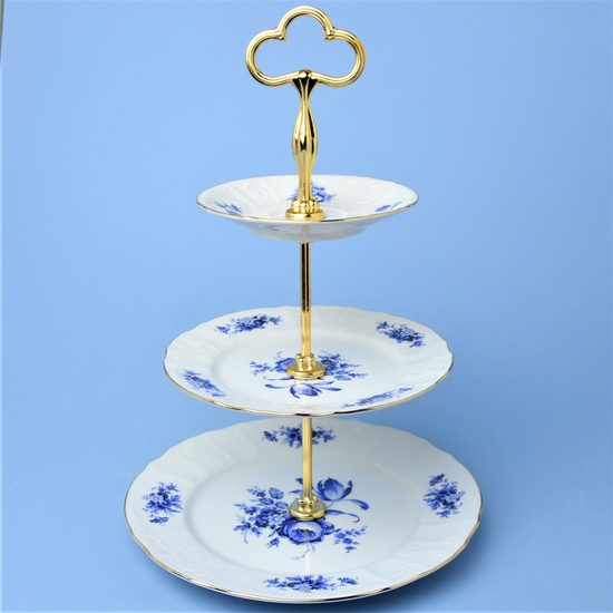 Cake stand 3 pcs. 34 cm, steel stick,Thun 1794 Carlsbad porcelain, BERNADOTTE blue rose