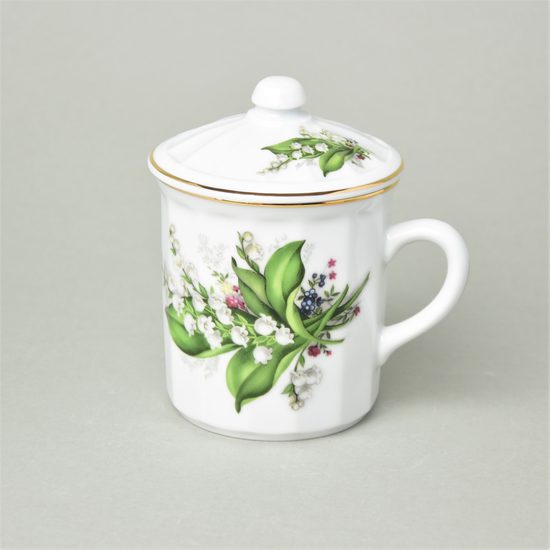 Mug Tony with lid 0,27 l, Lily-of-the-valley + gold line, Cesky porcelan a.s.