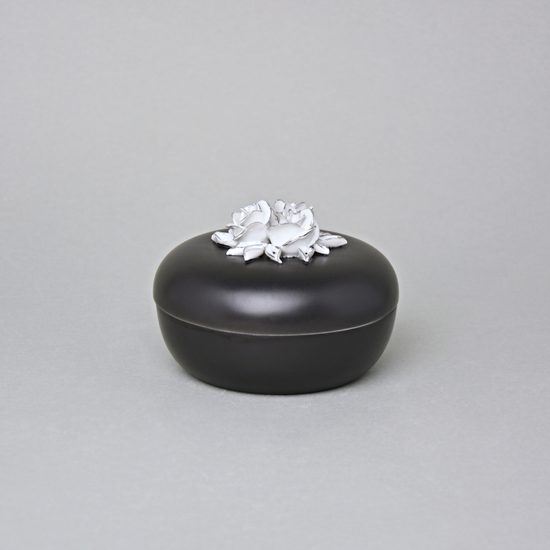 Dóza s růžemi nízká 8 x 11 cm, Černý fond + platina, Porcelán Duchcov