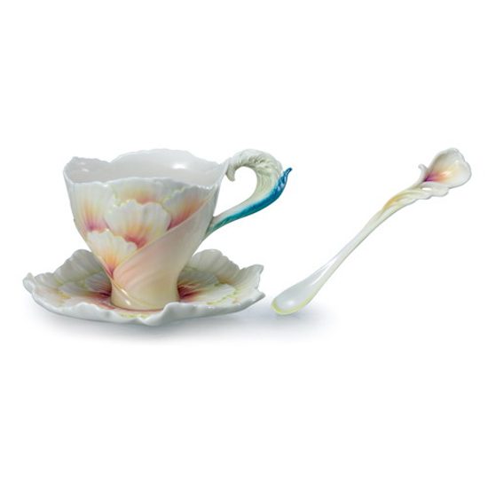 Peony design sculptured porcelain cup and saucer, FRANZ Porcelain