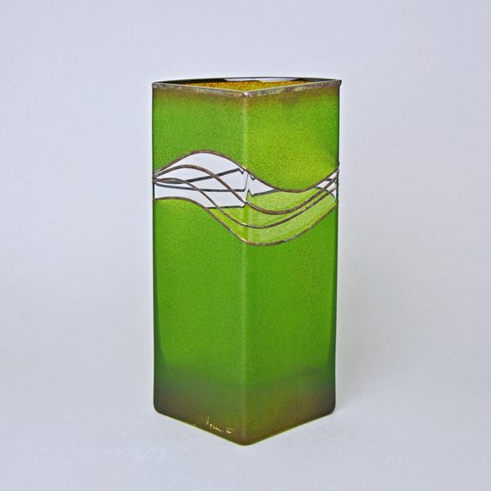 Studio Miracle: Váza tříhranná zeleno-hnědá, 26 cm, ruční dekorace Vlasta Voborníková