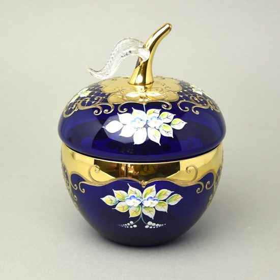 Křišťálová dóza "Jablko" kulatá velká - MODRÉ, v. 22 cm, zlato + smalt, Jahami Bohemia