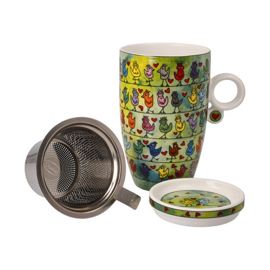 Tea Cup 0,45 l with Lid and Strainer James Rizzi - Birds on a Love Wire, 11,5 / 8 / 14 cm, Fine Bone China, J. Rizzi, Goebel