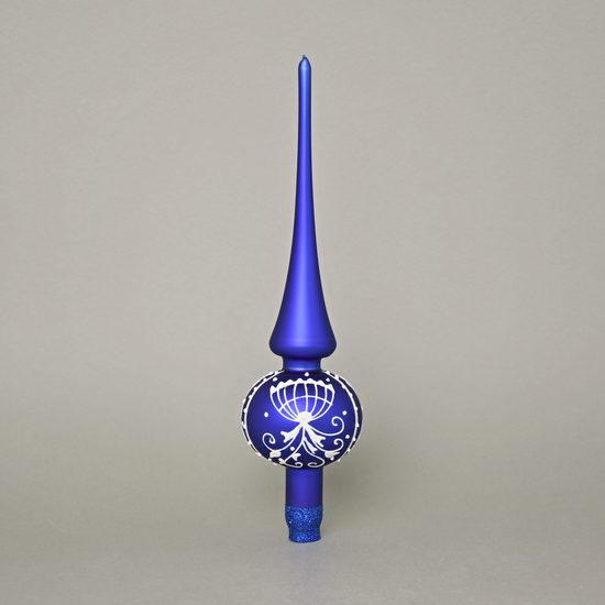 Cibuláková vánoční skleněná špička na stromeček pr. 7 cm, v. 26-27 cm, matná modrá, česká ruční práce