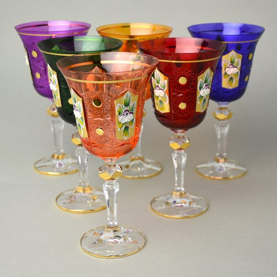 Wine glass coloured 220 ml, set of 6, enamel flowers + gold, Bohemia crystal gold