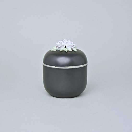 Jar With Violet Roses 11 x 9 cm, Black + Platinum, Royal Dux Bohemia Porcelain