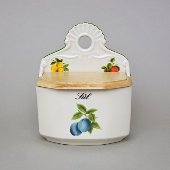 Slánka závěsná s dřevěným víčkem s nápisem Sůl 0,70 l, slonová kost s dekorací ovoce, Český porcelán a.s.