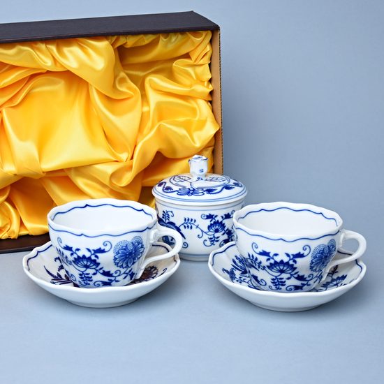 Souprava šálků a cukřenky v dárkové krabičce, Cibulák, originální z Dubí