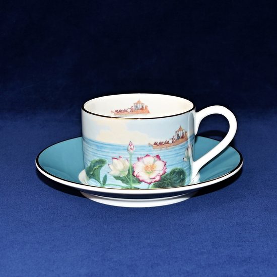 Blenheim Palace - Indický pokoj, kvetoucí lotos: Šálek 200 ml a podšálek snídaňový, anglický kostní porcelán Roy Kirkham