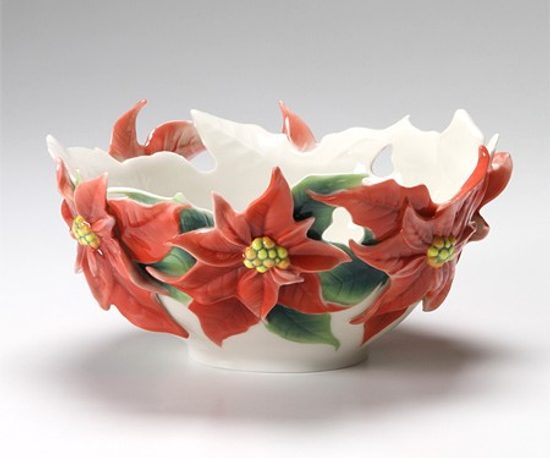 Poinsettia design sculptured porcelain ornamental bowl 12 cm, FRANZ Porcelain