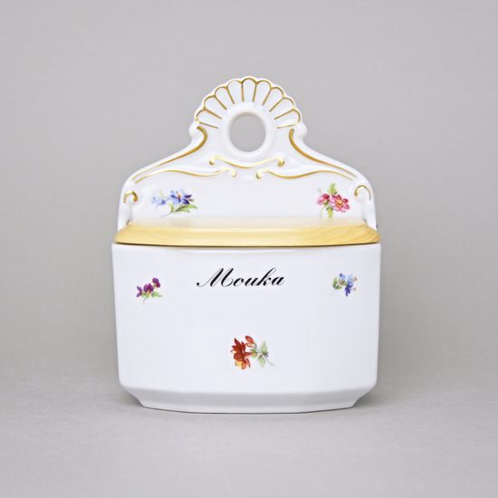 Dóza závěsná s dřevěným víčkem s nápisem Mouka 0,70 l, Rakouská házenka, Český porcelán a.s.