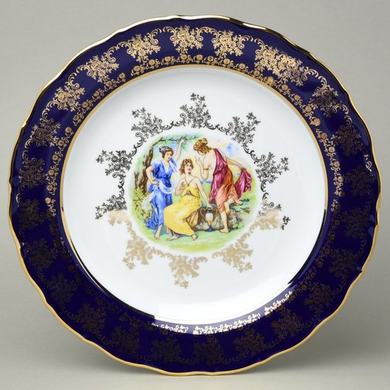 Dish round flat 31 cm (club plate), The Three Graces + gold + COBALT, Queen's crown porcelain